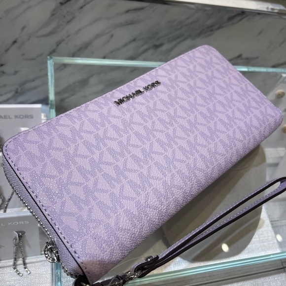 MICHAEL KORS Jet Set Large Signature Logo Continental Wallet Wristlet Lt Quartz - Picture 3 of 16